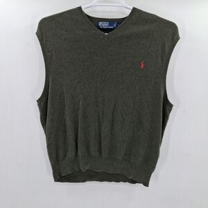 Polo Ralph Lauren Mens‎ Large Green V Neck Cotton Sweater
